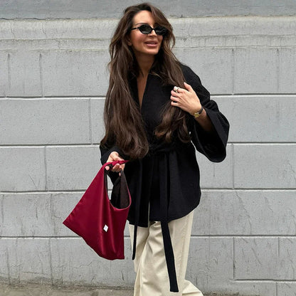 New Women's Black Lace Up Overcoats Autumn Chic Office Jackets Slim Fit Pleated Coat Elegant V-neck Commute For Lady Coats