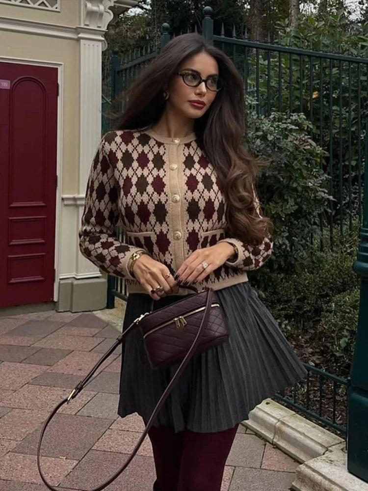 Check Plaid Knitted Cardigans Women Single Breasted Casual Loose Elegant Sweaters Long Sleeve Chic Coats 2024 Winter Lady Tops