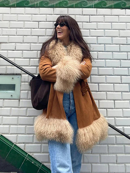 Suede And Fur Luxury Coat Women Plush Double Breasted Chic Turn-down Collar Belts Thick Outerwear Vintage Warm Feather Overcoat