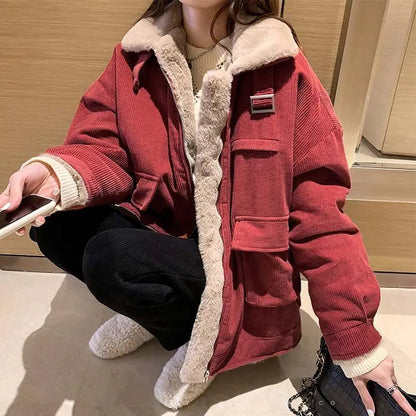 Plush Jacket Color Block Zipper Women'S Cotton Jacket Thickened Winter Warm Solid Color Jacket Long Sleeve Retro Jacket