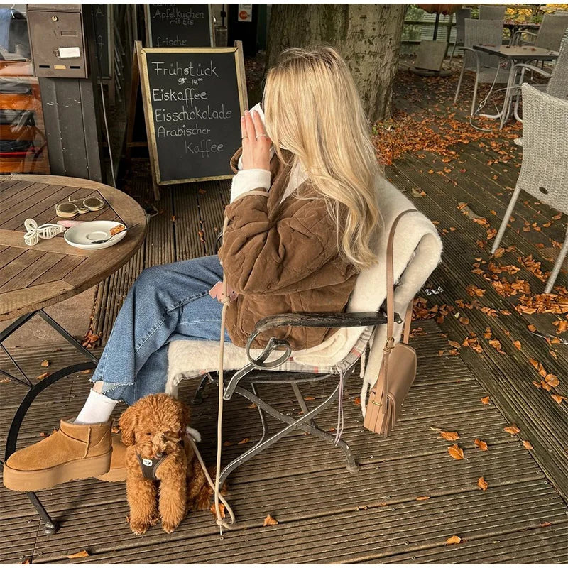 Brown Quilted Padded Suede Coat Women Long Sleeve Lace Up Cropped Jacket Autumn Winter Casual Lightweight New In Outerwears