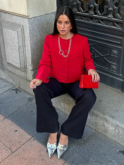 Elegant Slim Fit Women's Jacket Round Neck Single Breasted Long Sleeve Short Jackets Fashion Solid Color Casual Coat Outerwears