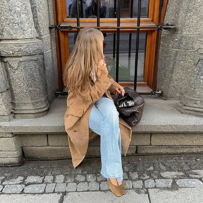 Casual Solid Long Women Streetwear Long Sleeve Turn-down Collar Double Breasted Female Coat 2025 Autumn Fashion Lady Jacket New