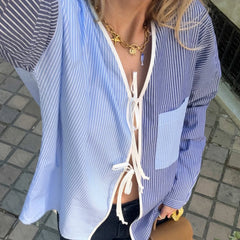 Tie Front Stripe Tops for Women Vintage V Neck Long Sleeve Blouse Loose Fit Casual Going Out T-shirts Y2K Streetwear