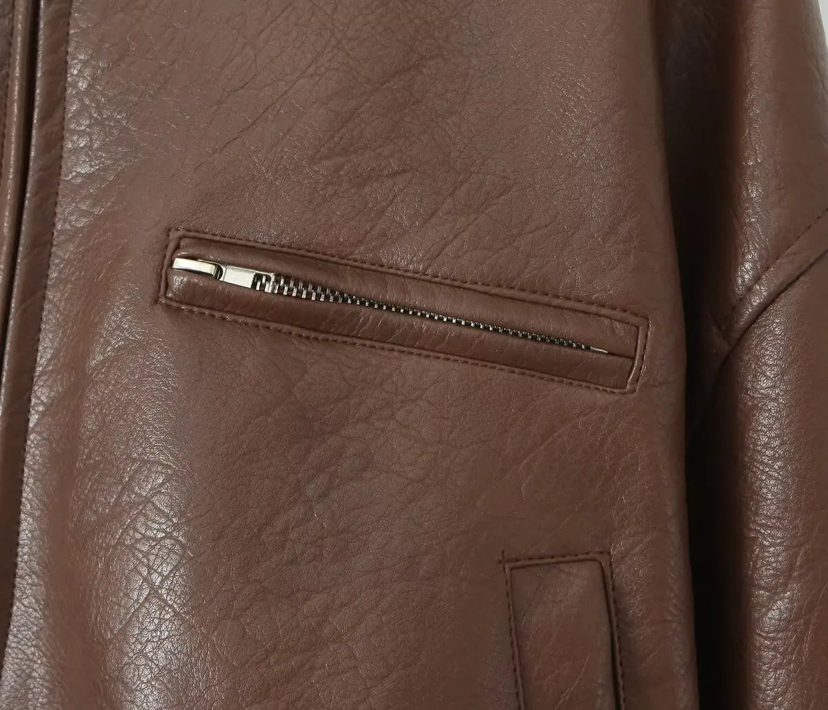 American Retro Women Rib V neck PU Leather Jacket Street Full Sleeve Zipper Bomber Quilted Coat High Waist Short Outerwear