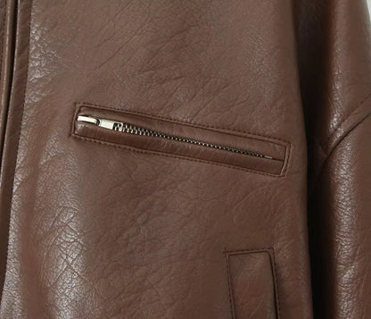 American Retro Women Rib V neck PU Leather Jacket Street Full Sleeve Zipper Bomber Quilted Coat High Waist Short Outerwear