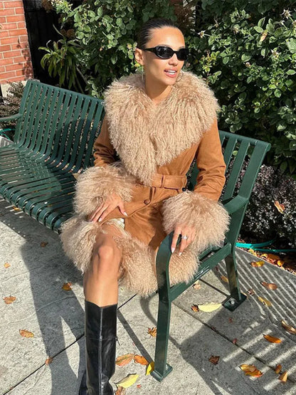 Suede And Fur Luxury Coat Women Plush Double Breasted Chic Turn-down Collar Belts Thick Outerwear Vintage Warm Feather Overcoat