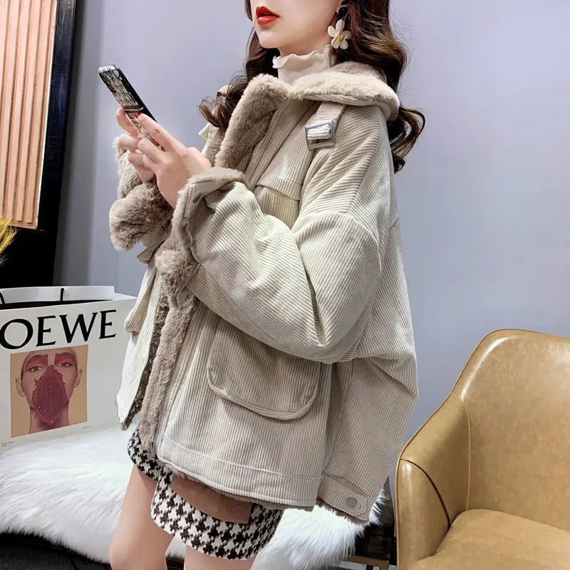 Plush Jacket Color Block Zipper Women'S Cotton Jacket Thickened Winter Warm Solid Color Jacket Long Sleeve Retro Jacket
