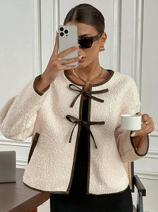 Elegant Women's Lamb Wool Cropped Cardigans Round Neck Lace-Up Long Sleeve Pocket Short Jackets 2024 Autumn New In Outerwears