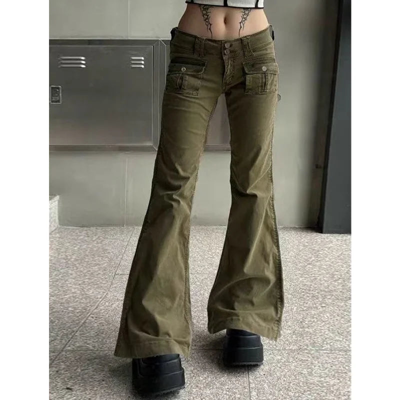 Autumn Low Rise Flare Jeans for Women Streetwear Y2K Aesthetic Cargo Jean Pants Vintage Denim Trousers Grunge Fairycore