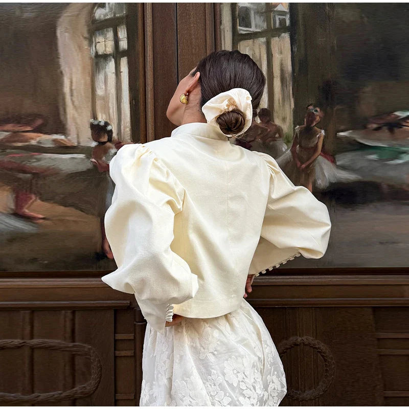 Retro Solid Stand Collar Short Shirt Women Elegant Single Breasted Puffy Sleeve Shirts Coat Lady Versatile Chic Streetwear