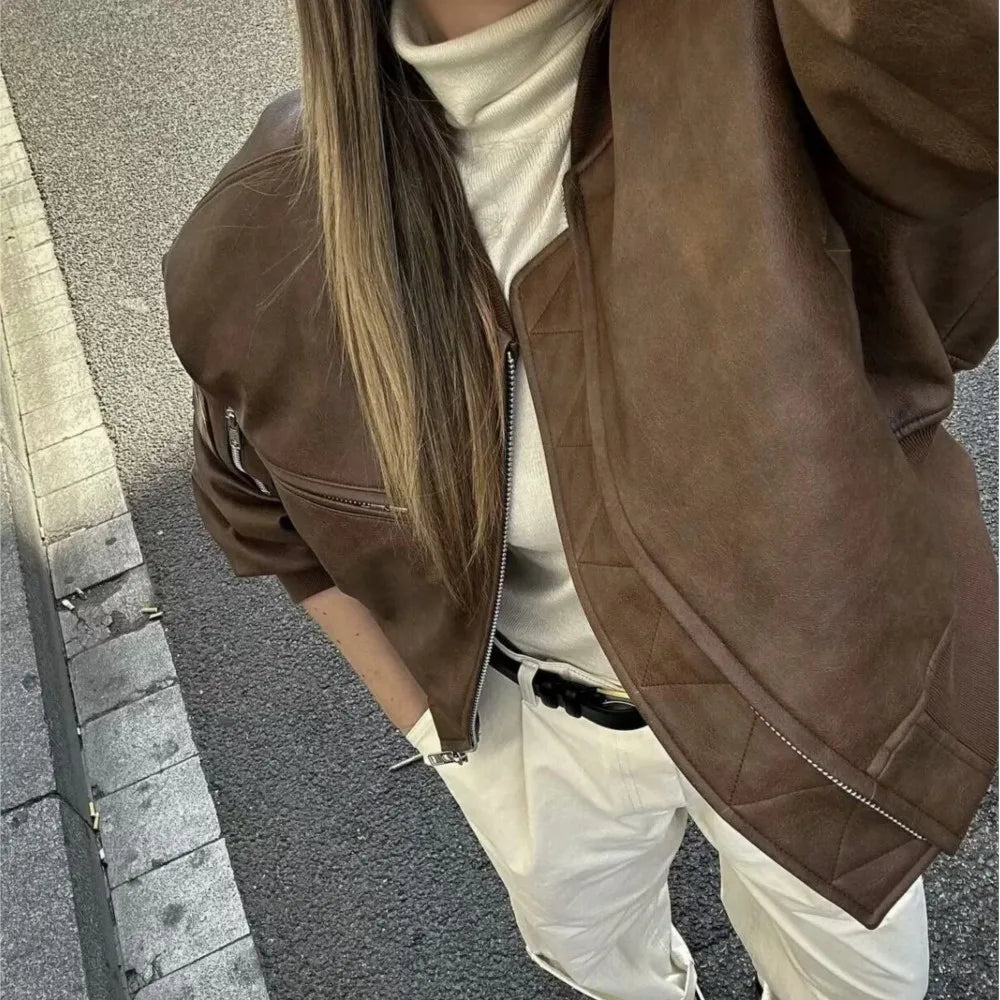 American Retro Women Rib V neck PU Leather Jacket Street Full Sleeve Zipper Bomber Quilted Coat High Waist Short Outerwear