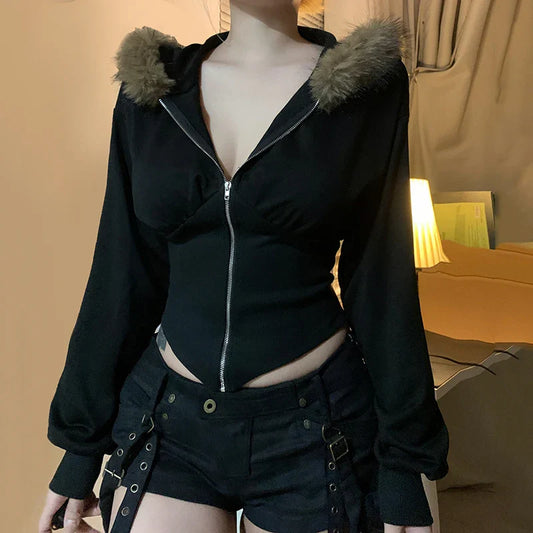 Y2K Fur Trim Hoodie Cardigan Women Basic Black Slim Cropped Jacket 90s Vintage Winter Zipper Coat Harajuku Streetwear