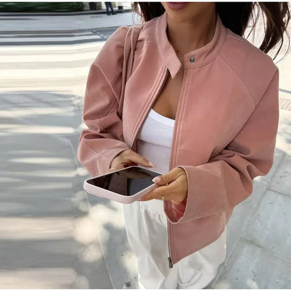 Elegant Suede Pink Jacket Women Loose Long Sleeve Zipper Stand Collar Button Female Jackets 2025 Autumn Street Outwear Lady New