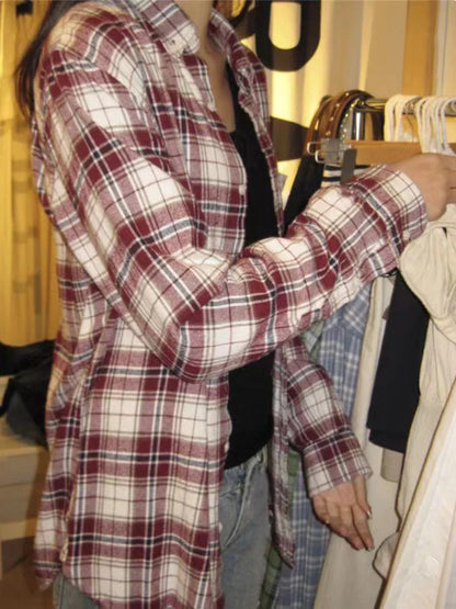 Vintage Red Plaid Button Blouse Top Autumn Cotton Turn Down Collar Casual Long Sleeve Shirt Streetwear Loose Y2K Tees Coat Women