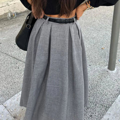 Retro Chic High Waist Gray Elegant Women Skirt Solid Color Zipper Pleat Long Skirt Fashion Office Lady Woman Clothing 2025 New