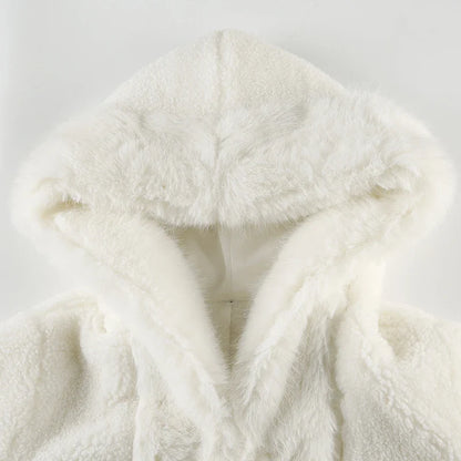 Faux Fur Hooded Coat Women Fashion High Street Fluffy White Snow Jacket Winter Warm Slim Outwear Stylish Lady Outfits