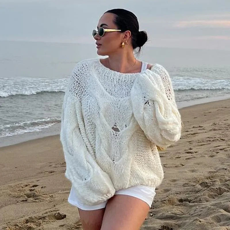 Vintage Knit Women Sweaters Lazy O-neck Full Sleeves Twist Female Pullover Autumn Winter Casual Oversize Lady Knitwear Tops