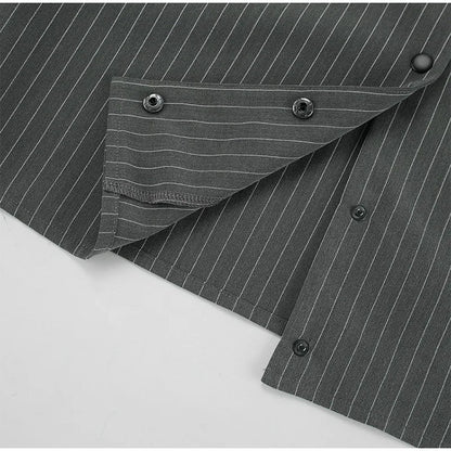 Women Striped Skirt Set Stand Collar Single Breasted Top High Waist Pleated Skirts 2024 Summer Fall New Fashion Lady Office Suit