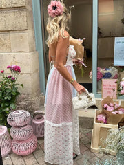 Elegant Print Lace Patchwork Spaghetti Strap Dress Women Halter Backless Sleeveless Dresses Summer Lady Sweet High Street Robe