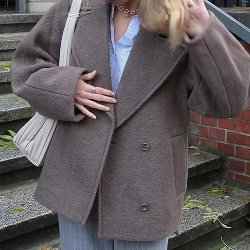 Autumn Winter Solid Double Breasted Wool Coat Fashion Lapel Long Sleeves Short Blazer Jacket Female Warm Chic Outerwear New
