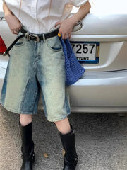 Blue Vintage Washed Jeans For Women Y2k Grunge High Waist Loose Denim Shorts Summer New Straight Knee-Length Pants