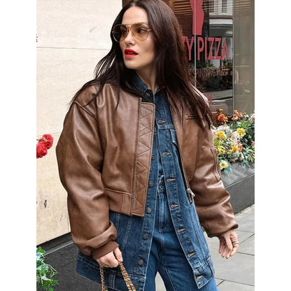 Round Imitation Leather Women Jacket Zipper Solid Loose Female Jackets Autumn Casual Vintage Stand Collar Lady Short Coat