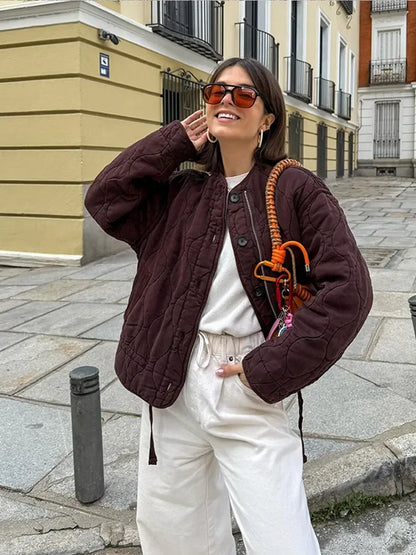 Casual Quilted Padded Jackets Women's Faionable Loose Round Neck Long Sleeve Zipper Cropped Length Outerwear Winter New