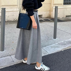 Retro Chic High Waist Gray Elegant Women Skirt Solid Color Zipper Pleat Long Skirt Fashion Office Lady Woman Clothing 2025 New