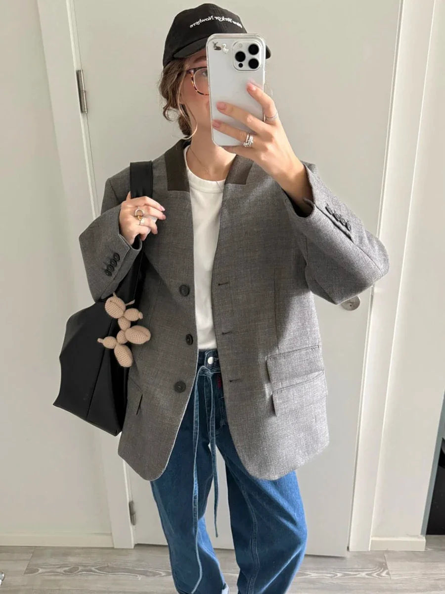 Vintage Solid Color Suit Jacket Women V Neck Single Breasted Long Sleeve Outerwear Autumn New Streetwear Fashion Casual Jackets