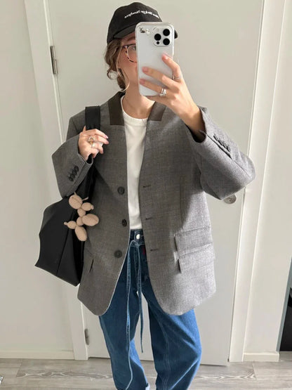 Vintage Solid Color Suit Jacket Women V Neck Single Breasted Long Sleeve Outerwear Autumn New Streetwear Fashion Casual Jackets