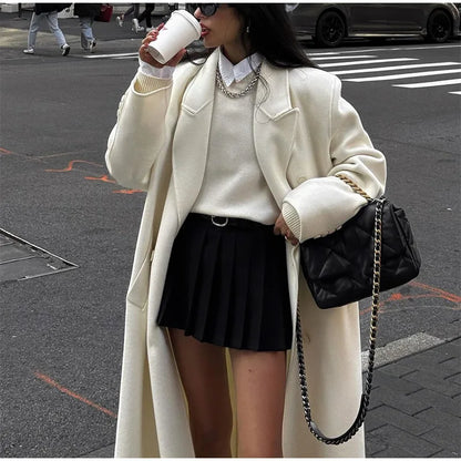 White Elegant Double Breasted Loose Woolen Coat Women Chic Oversized Long Sleeve Overcoat Fall Winter New Ladies Outerwear