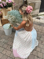 Elegant Print Lace Patchwork Spaghetti Strap Dress Women Halter Backless Sleeveless Dresses Summer Lady Sweet High Street Robe