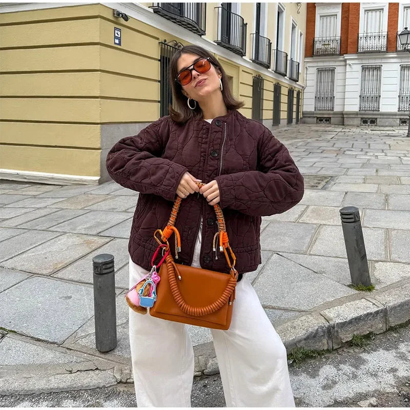 Casual Quilted Padded Jackets Women's Faionable Loose Round Neck Long Sleeve Zipper Cropped Length Outerwear Winter New