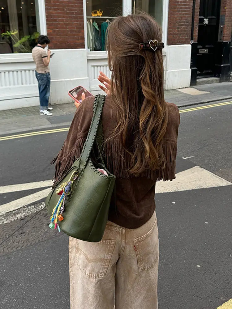 Fashion Tassels Patchwork Long Sleeve Suede Jacket Women Lapel Single Breasted Slim Short Coats 2024 Autumn Lady High Street Top