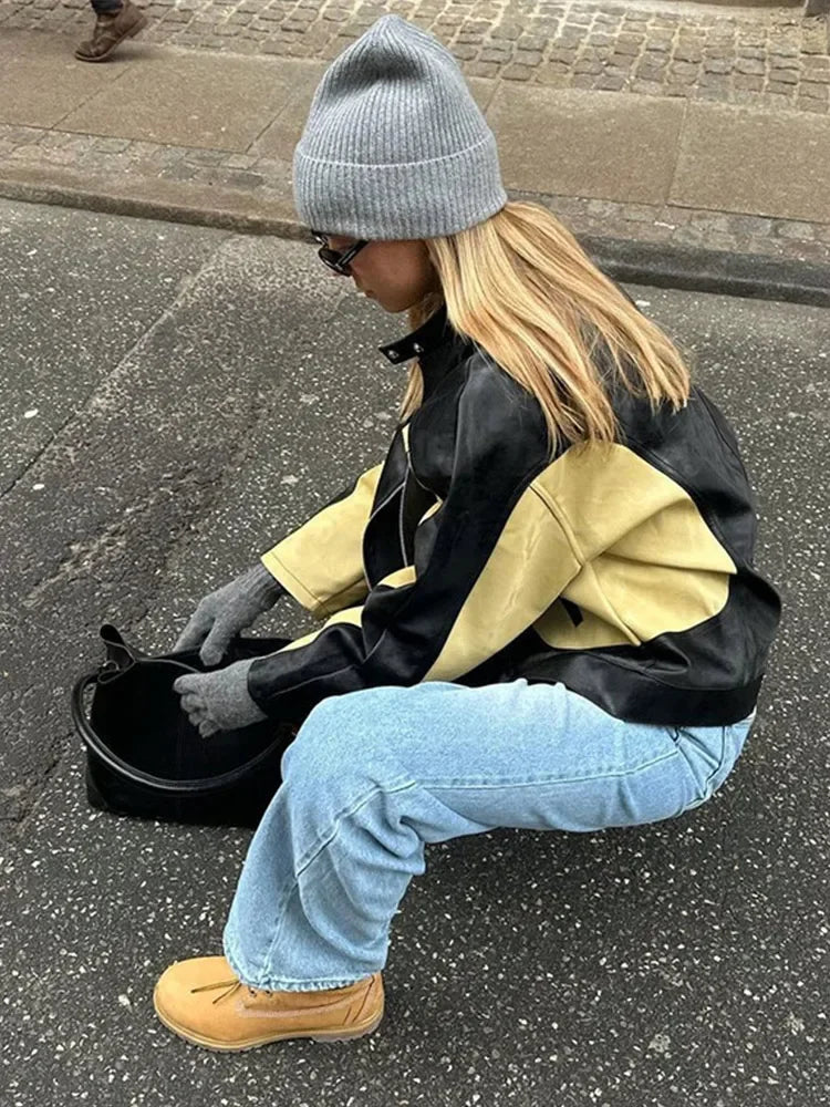 Vintage Patchwork Women's Leather Jacket Loose O-neck Long Sleeve Zipper Moto Biker Coats Autumn Lady Contrast Outwear Y2K