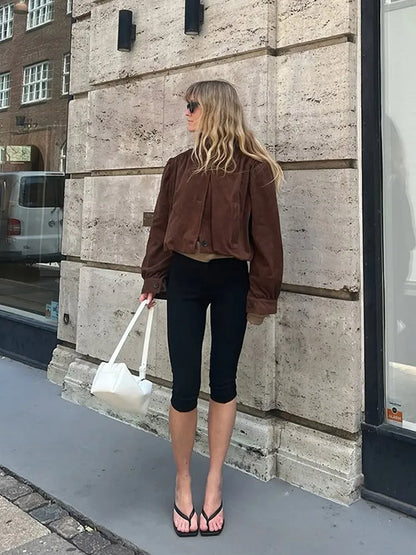 Retro Brown Suede Short Jacket Elegant Women Stand Collar Full Sleeves Single Breasteds Loose Coats Autumn Chic Lady Street Wear