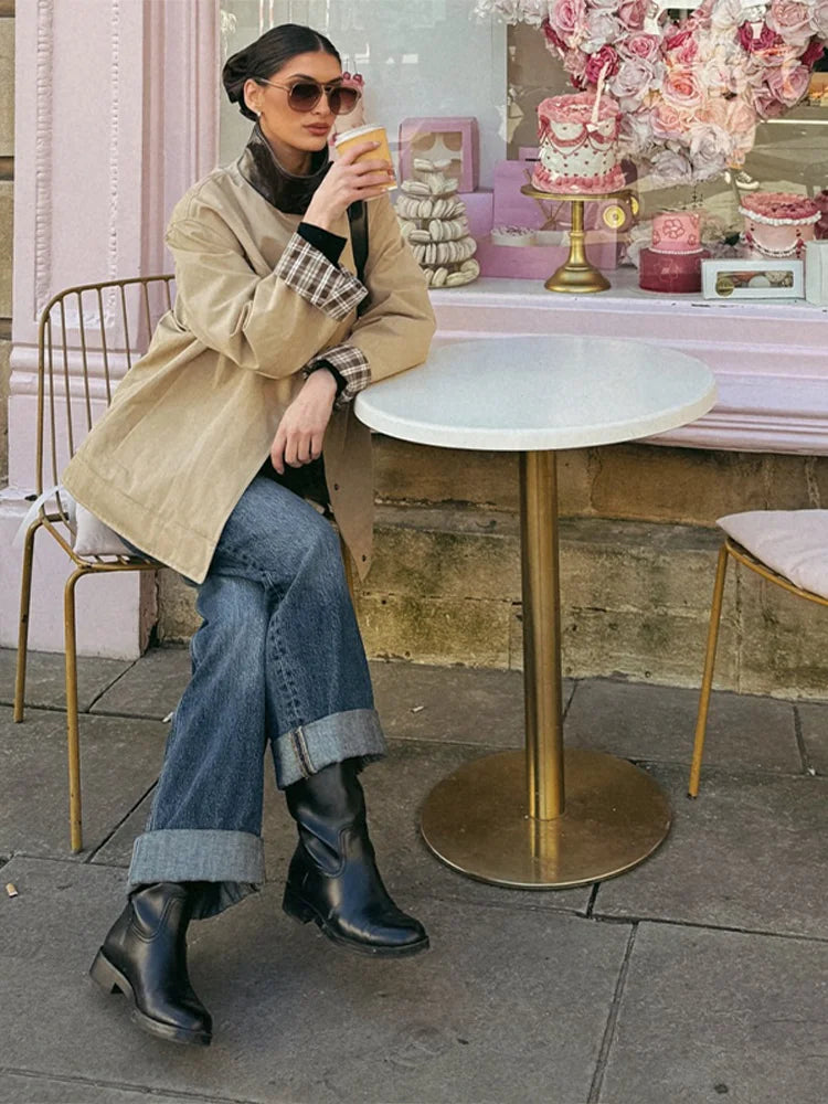 Leather Collar Cargo Jacket Button Down Plaid Pattern Patchwork Jackets Vintage Contrast Color Trench Coat Loose Casual Outwear