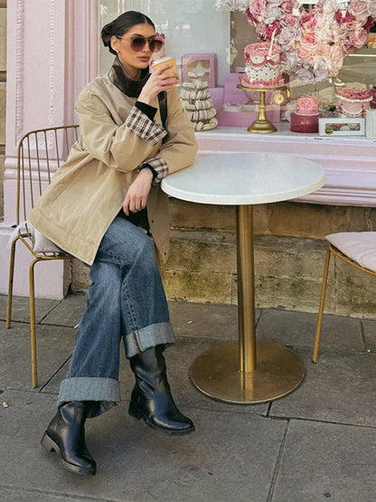 Leather Collar Cargo Jacket Button Down Plaid Pattern Patchwork Jackets Vintage Contrast Color Trench Coat Loose Casual Outwear