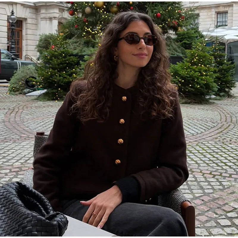 Elegant Solid O-neck Plush Short Coats Women Retro Slim Fit Single Breasted Jackets Female New Spring Chic Office Outwear