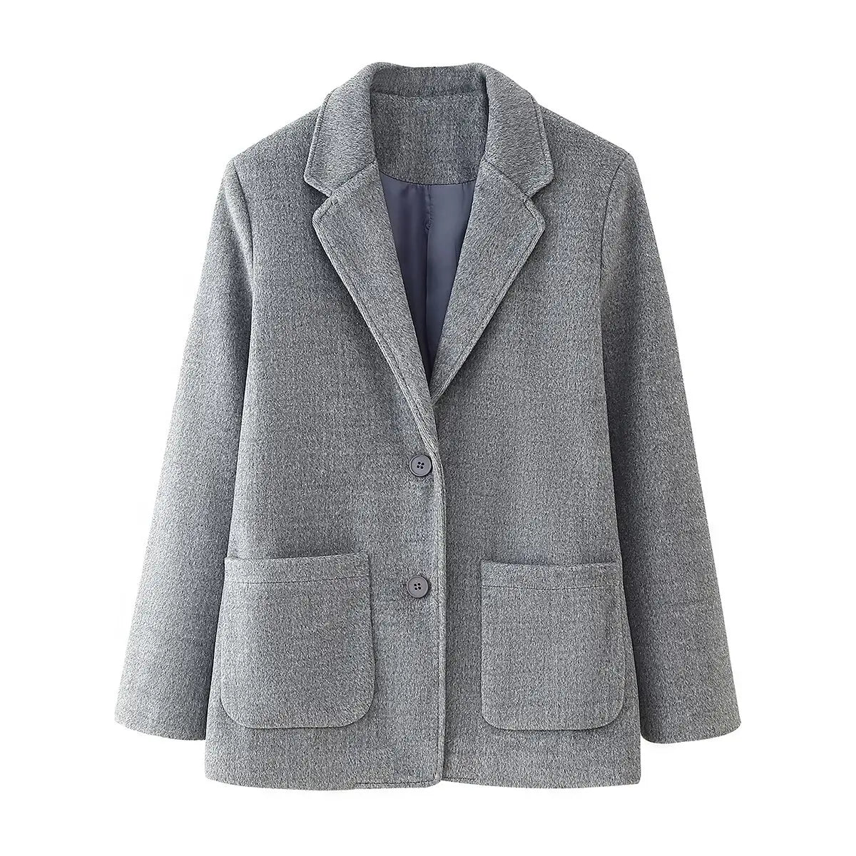 Autumn Female Turn-Down Collar Pocket Single-breasted Coat Women's Fashion Long Sleeves Casual Woolen Blazer Top Mujer