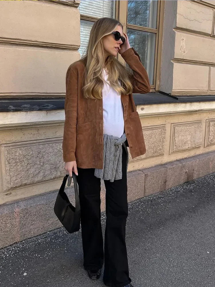 Vintage Suede Women's Jackets Casual Turn-down Collar Female Coat 2024 Autumn Fashion Single Breasted Lady Jacket Outwear