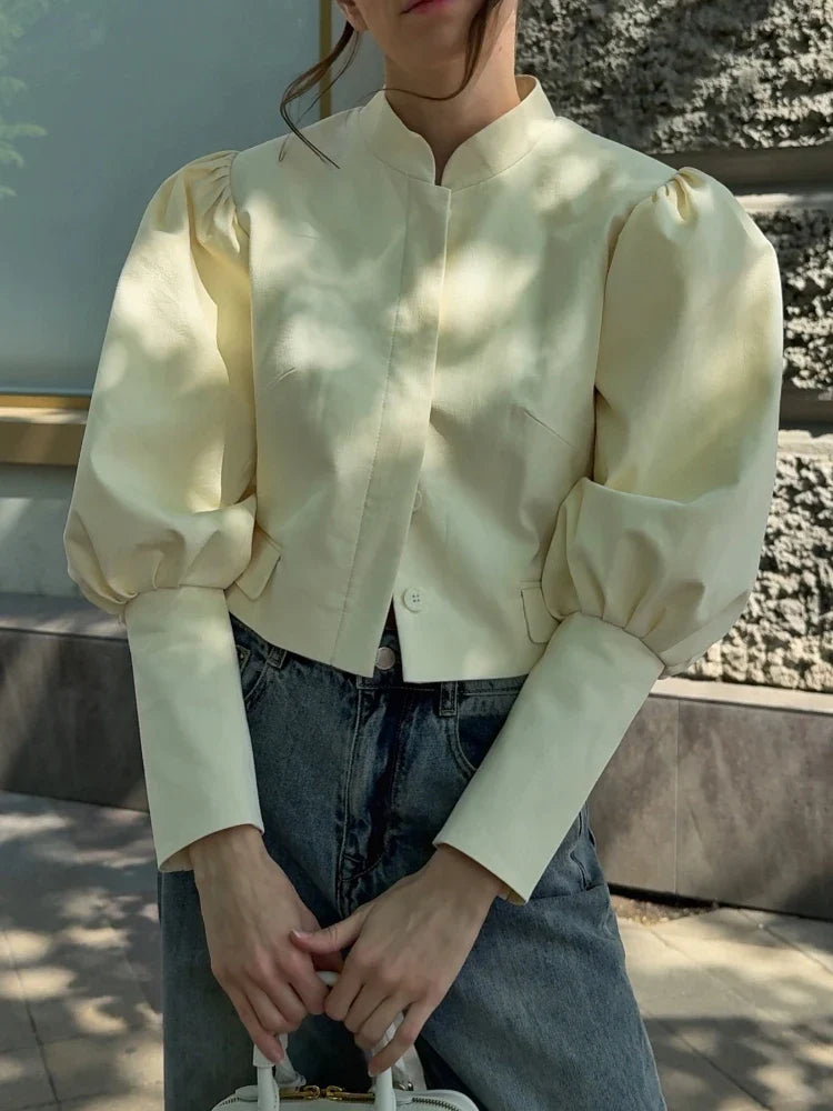 Retro Solid Stand Collar Short Shirt Women Elegant Single Breasted Puffy Sleeve Shirts Coat Lady Versatile Chic Streetwear