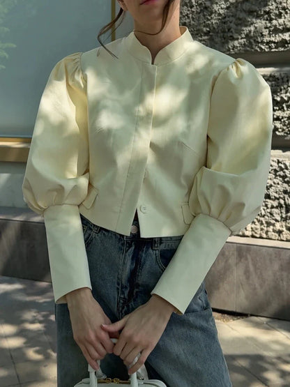 Retro Solid Stand Collar Short Shirt Women Elegant Single Breasted Puffy Sleeve Shirts Coat Lady Versatile Chic Streetwear