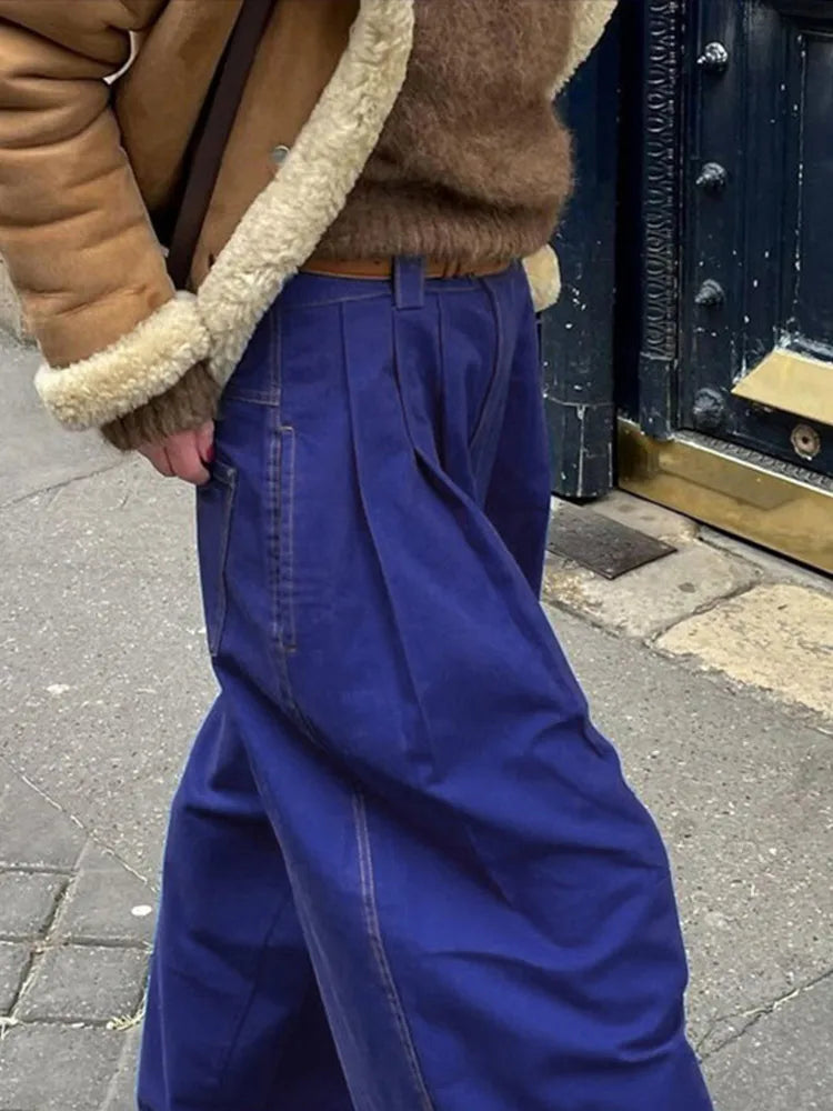 Wide Leg Fashion Pleated Pants For Women Loose High Waist Straight Striped Blue Street Pants Female 2025 Spring Street Trousers