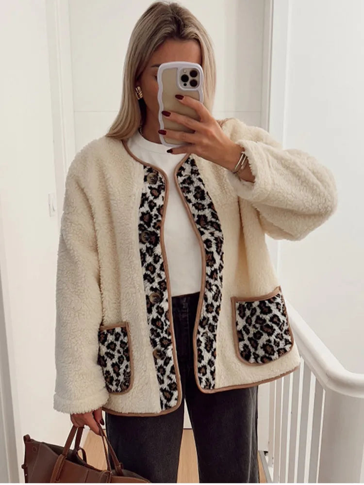 Casual Leopard Print Patchwork Lamb Wool Coat For Women Fashion Buttons Down O-neck Pockets Jacket Winter Warm Lady Chic Outwear