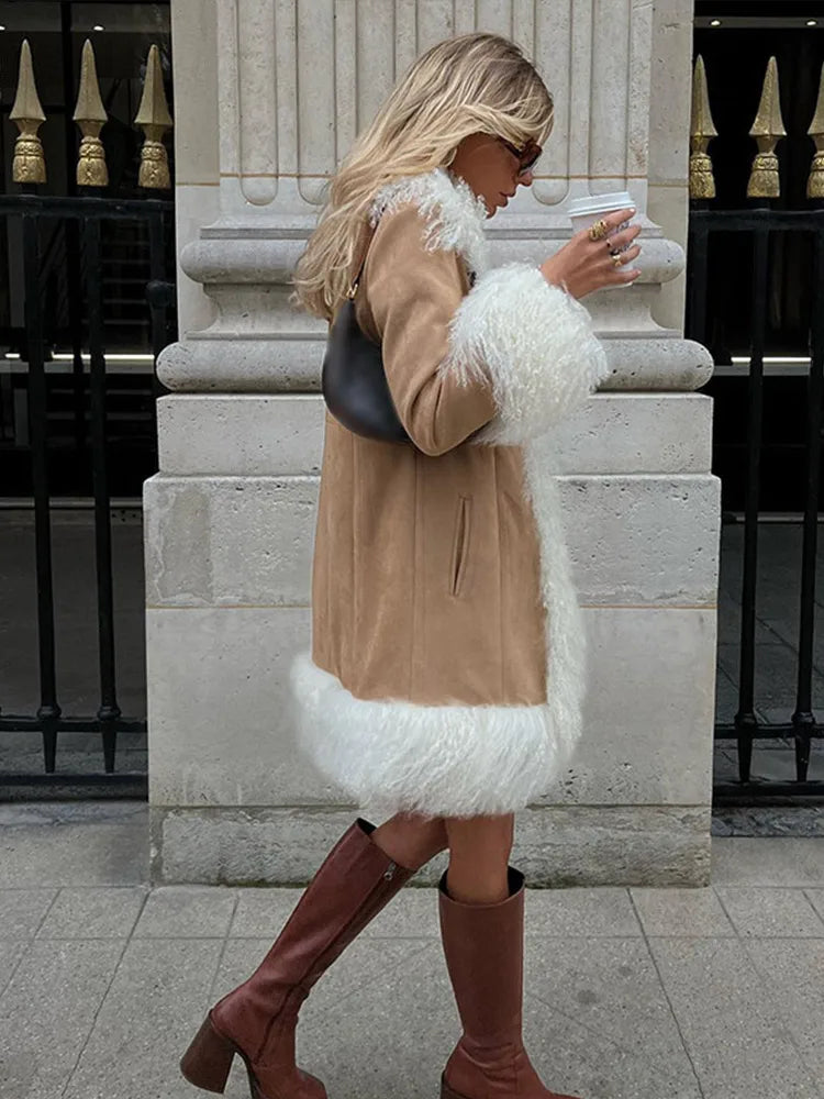 Vintage Furry Faux Fur Women Patchwork Coats Winter Long Sleeve Lapel Female Loose Jacket Casual Pockets Thick Warm Lady Outwear