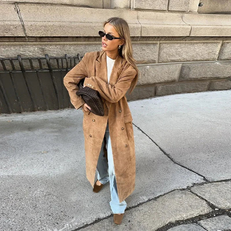 Casual Solid Long Women Streetwear Long Sleeve Turn-down Collar Double Breasted Female Coat 2025 Autumn Fashion Lady Jacket New