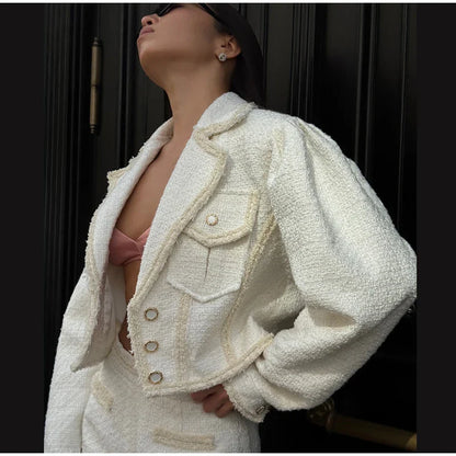 Elegant Tweed Lapel Jacket Shorts Set Women Retro Loose Short Coat Slit Slim Long Skirts Sets Lady New Chic Street Office Outfit