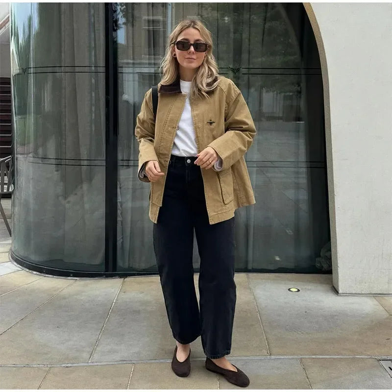 Patchwork Contrast Women Jacket Single Breasted Lapel Female Jackets Autumn Winter Fashion Locomotive Lady Outwear